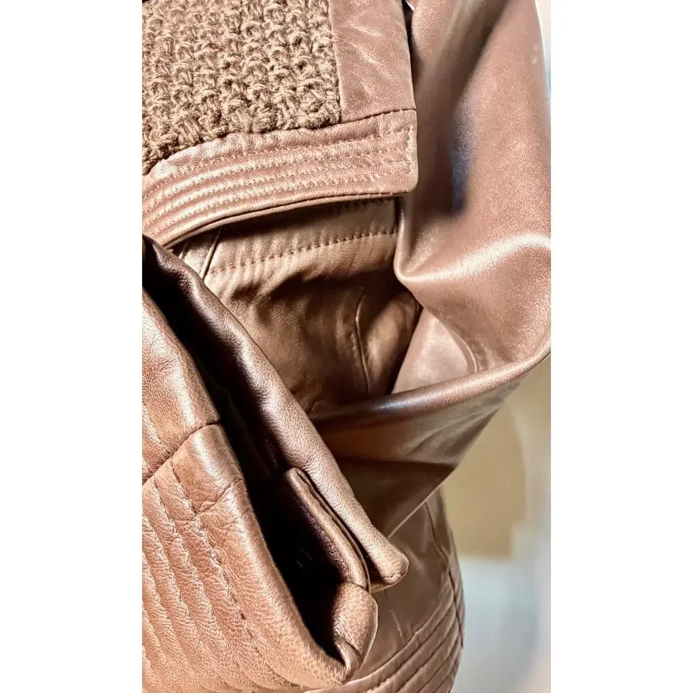MK Michael Kors Brown Genuine Leather Moto Jacket Asymmetric Zip Knit Coll